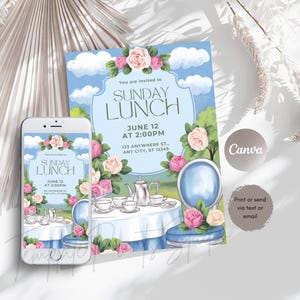 Sunday Lunch Invitation, Downloadable Luncheon Invitation, Lunch Text Invite, Luncheon Gift Idea, Editable Template