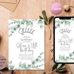 Greenery Shhh It's a Surprise Electronic 18th birthday Text Invitation Template, Any Age Editable Diy Invite, Message Invite, Phone Evite