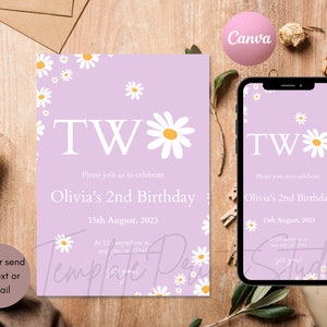 Retro Daisy Second Birthday Party Invitation, Printable Any Birthday Invite, Editable Phone Invitation, Card Invitation, Instant Download