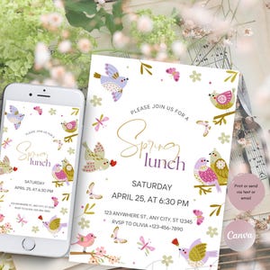 Spring Lunch Invitation Printable, Birthday Party Luncheon Invite Editable Digital Download Template Pastel Decor