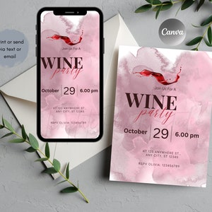 Wine Invitation Printable Template, Minimalist Editable Birthday Party Invitation, Printable Wine Invite