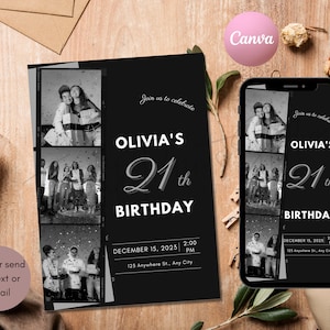Faire-part 21e anniversaire avec photo, téléchargement immédiat, élégante 21e invitation noire, 21e invitation, 21 ans