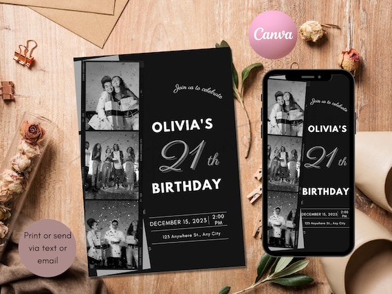 21st Birthday Invitation With Photo, Instant Download, Elegant 21st Black Invitation, 21st Invites, Twenty One