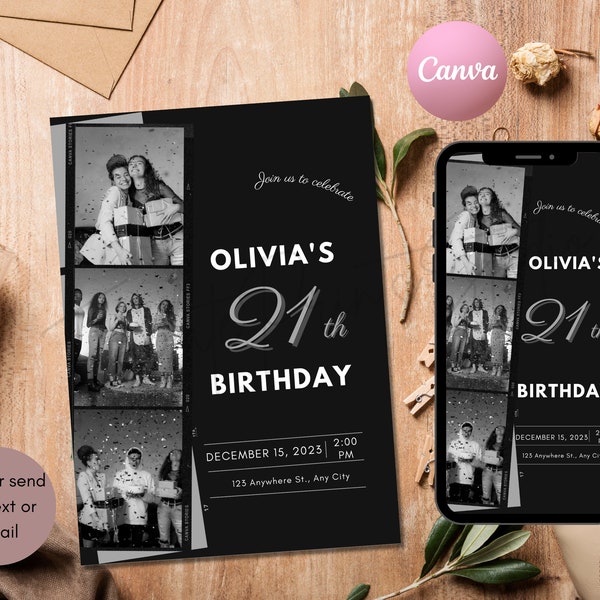 21st Birthday Invitation With Photo, Instant Download, Elegant 21st Black Invitation, 21st Invites, Twenty One