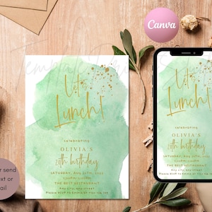 Let's Lunch Party Invitation Printable Ladies Birthday Luncheon Invite Editable Digital Download Template Green Pastel Decor