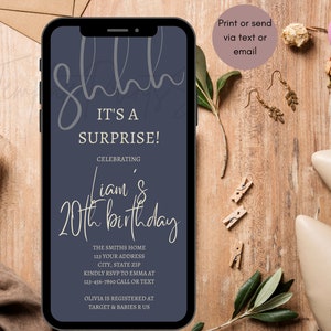 Shhh Surprise Invitation Black Gold Fancy Script Editable Birthday Party Template, Print or Text, Instant Digital Download