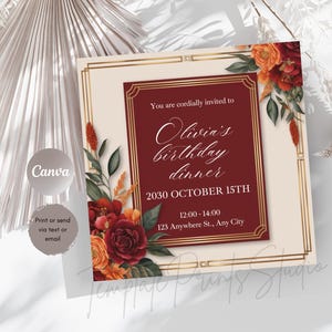Square Elegant Birtday Dinner Invitation Template, Editable and Printable Minimalist Luncheon Invitation Card or Digital