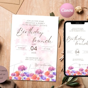 Spring Birthday Brunch Invitation, Let's Lunch Party Invitation Printable Birthday Luncheon Invite Editable Digital Download Template Flower