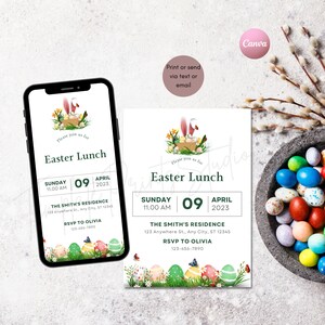 Modèle d'invitation pour le déjeuner de Pâques, téléchargement immédiat, imprimable, modifiable, invitation à la chasse aux œufs de Pâques, brunch de Pâques, brunch du dimanche