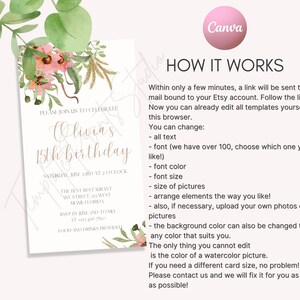 May include: A pink and green floral design with a watercolor effect. The text "Please join us to celebrate Olivia's 15th birthday" is written in a cursive font. The invitation includes the date, time, and location of the event. The text "RSVP by June 2nd to [phone number]" is also included. The text "Food and drinks provided" is at the bottom of the invitation.