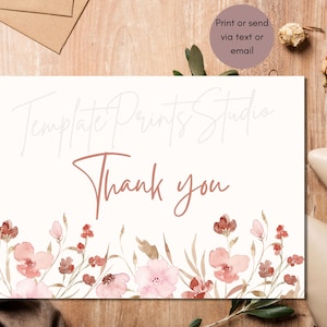 Ready Thank You Postcard, Minimalist Watercolor Note Card Letter Printable, Digital Download