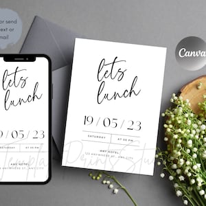 Let's Lunch Party Invitation Printable, Ladies Birthday Simple Luncheon Invite Editable Digital Download Template Flower Pastel Decor