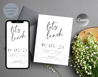 Let's Lunch Party Invitation Printable, Ladies Birthday Simple Luncheon Invite Editable Digital Download Template Flower Pastel Decor