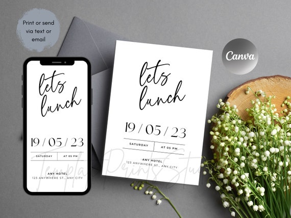 Let's Lunch Party Invitation Printable, Ladies Birthday Simple Luncheon Invite Editable Digital Download Template Flower Pastel Decor
