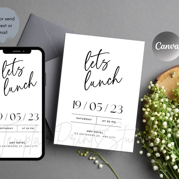 Let's Lunch Party Invitation Printable, Ladies Birthday Simple Luncheon Invite Editable Digital Download Template Flower Pastel Decor