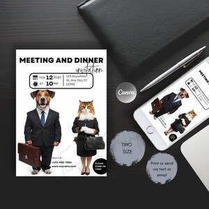 Uitnodiging diner en vergadering humor, zakelijke aangepaste digitale mobiele uitnodiging, kaart bedrijfsevenement, lanceringsfeest, happy hour-vergadering