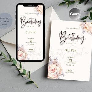 Floral Birthday Party Invitation Printable, Floral Birthday Luncheon Invite Editable Digital Download Template Flower Pastel Decor