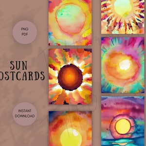 Aquarell Sonnen Karten, Sonnen Postkarten, Aquarell Grußkarten Drucke, Postkarten Set von 6