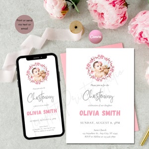 Digital Christening Invitation Template, Baby Girl Christening Invites Printable, Christening Invite Pink