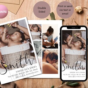 Digital Birthday Baby Announcement Photo Card Template, Editable Baby Girl or Boy Birth, Instant Download