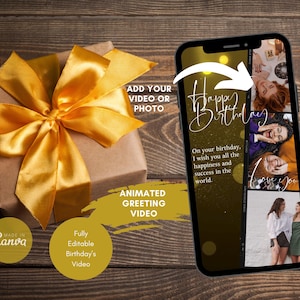 Animated Birthday Card, Electronic Video, Bday Video Card, Custom Message, Gold Foil Happy Birthday, Digital Birthday Card