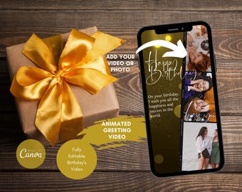 Animated Birthday Card, Electronic Video, Bday Video Card, Custom Message, Gold Foil Happy Birthday, Digital Birthday Card