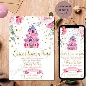 Princess Invitation Princess Birthday Party Girl Castle Pink Floral Gold Glitter INSTANT DOWNLOAD EDITABLE Royal Birthday Invitation Glitter