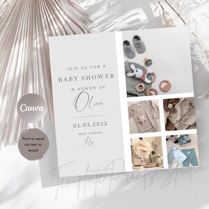 Quadratische digitale Babypartyeinladungsvorlage, bearbeitbare und druckbare minimalistische Einladungskarte oder digital