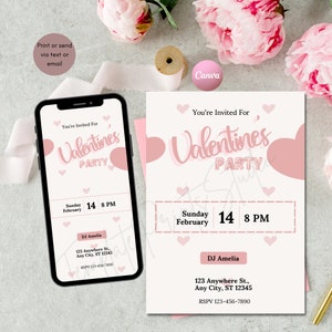 Electronic Retro Valentine's Day Party Invitation, Digital Galentine's Day Evite, Retro Editable Template, Instant Download