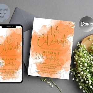 Digital invitation luncheon orange, Brunch Party Invitation Editable Orange Gold Birthday Invite Template Ladies Teens Girls Celebration