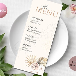 Celebrate Menu Template Pampas Grass, Boho Wedding Table Menu Printable, Birthday Menu Templett, Lunch Menu Fully Editable, INSTANT Download