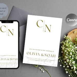 Elegant Wedding Invitation Template, Modern Invitation Printable, Gold Script Editable Invitation, Wedding Monogram Invite