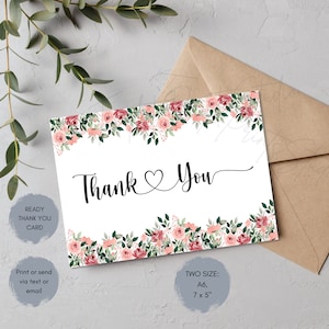 Printable Flower Ready Thank You Card, Floral Thank You For Your Support Card , Wedding Thank You Digital Download Postcard, Note Card.