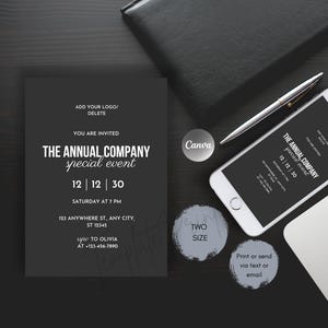 Convite empresarial preto, convite para cliente moderno e editável simples, convite para mensagem de texto digital para celular, festa de trabalho, almoço de negócios