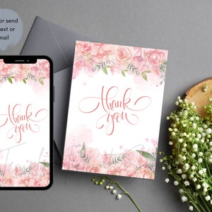 Pink Roses Thank you Card, Ready Thank you Card, Digital File, Electronic or Card pink roses
