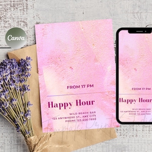 Happy Hour Invitation, Pink Celebration Invitation, Instant Download