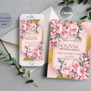 Pink and Gold Flowers Birthday Lunch Invitation, Digital Brunch Party Invitation, Editable Pink Gold Birthday Invite, Template Celebration