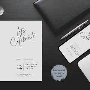Let's Celebrate Simple Invitation Online Editable Template, Surprise Birthday Party Invites, Anniversary Invites, Black White Invite for Him