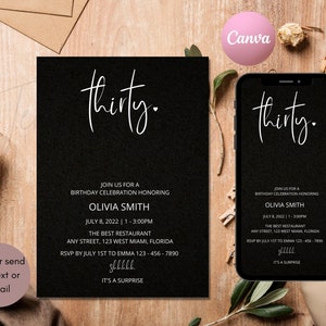 Shhh Brunch Invitation, Surprise Birthday Black White Fancy Editable Party Invitation Template, Print or Text, Instant Digital Download