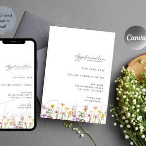 Let's Lunch Party Invitation Printable Ladies Birthday Luncheon Invite Editable, Spring Teacher Luncheon, Digital Download Template Flower
