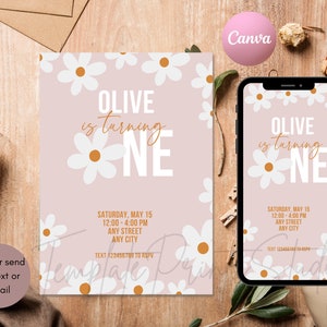 Retro Daisy First Birthday Party Invitation, Printable Any Birthday Invite, Editable Phone Invitation, Card Invitation, Instant Download