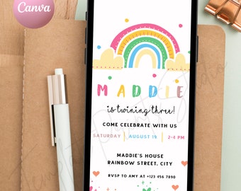 Rainbow Birthday Invitation Download Party Invite Colorful Modern, Printable Editable Template