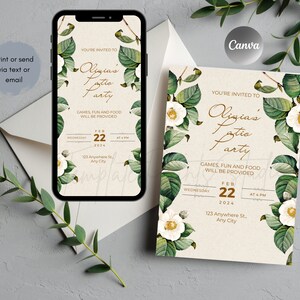 Patio Party Invitation Printable, Birthday Luncheon Invite Editable, Digital Download Template Flower Decor