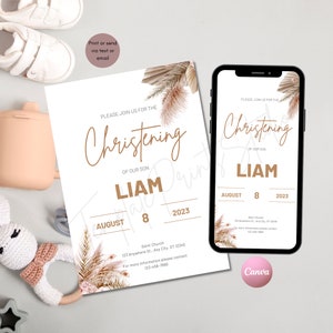 Pampas Grass Christening Invitation Template, Electronic Christening Invites Printable, Card Christening Invite Pink