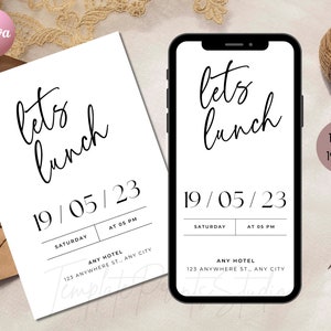 May include: A printable invitation for a lunch event. The invitation is designed in a minimalist style with black text on a white background. The text reads "Let's Lunch" with the date and time of the event below. The invitation is shown on a white background with a brown envelope and a spool of twine.