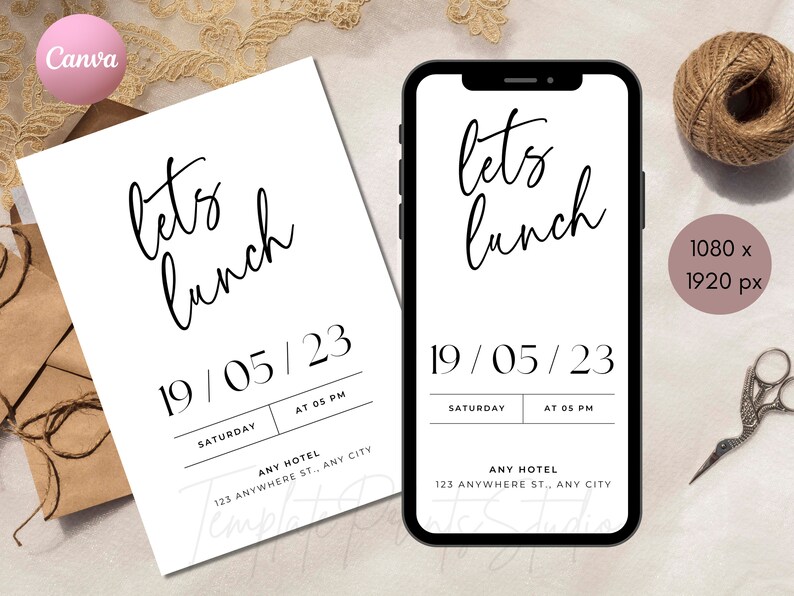 May include: A printable invitation for a lunch event. The invitation is designed in a minimalist style with black text on a white background. The text reads "Let's Lunch" with the date and time of the event below. The invitation is shown on a white background with a brown envelope and a spool of twine.