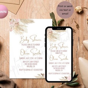 Pampas Baby Shower Electronic Invitation Template Editable, Boho Digital Download Send or Print