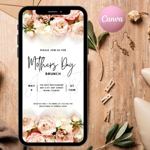 Roses Mother's Day Brunch Invitation, Mother's Lunch Invite, Party Invitation Download Editable