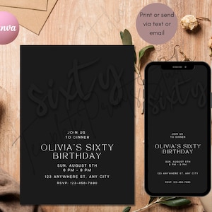 Black Dinner Party Invitation for Any Occasion, Digital Mobile Invitation Download, Simple Modern Birthday Dinner Invitation, Text Evite