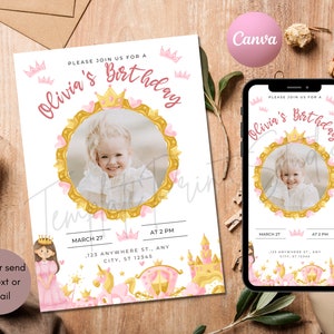 Princess Party Invitation, Princess Birthday, Girl's Birthday, Digital Editable and Download